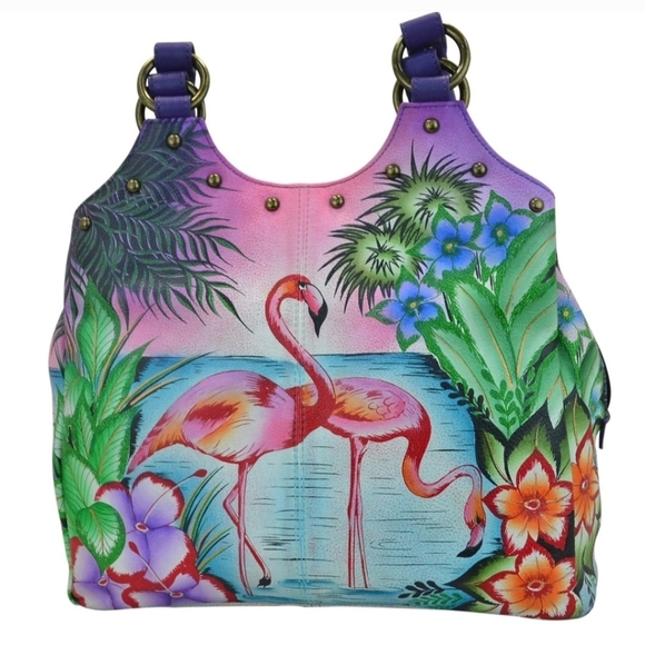 Anuschka Flamingo Triple Compartment Medium Satchel - Picture 2 of 13